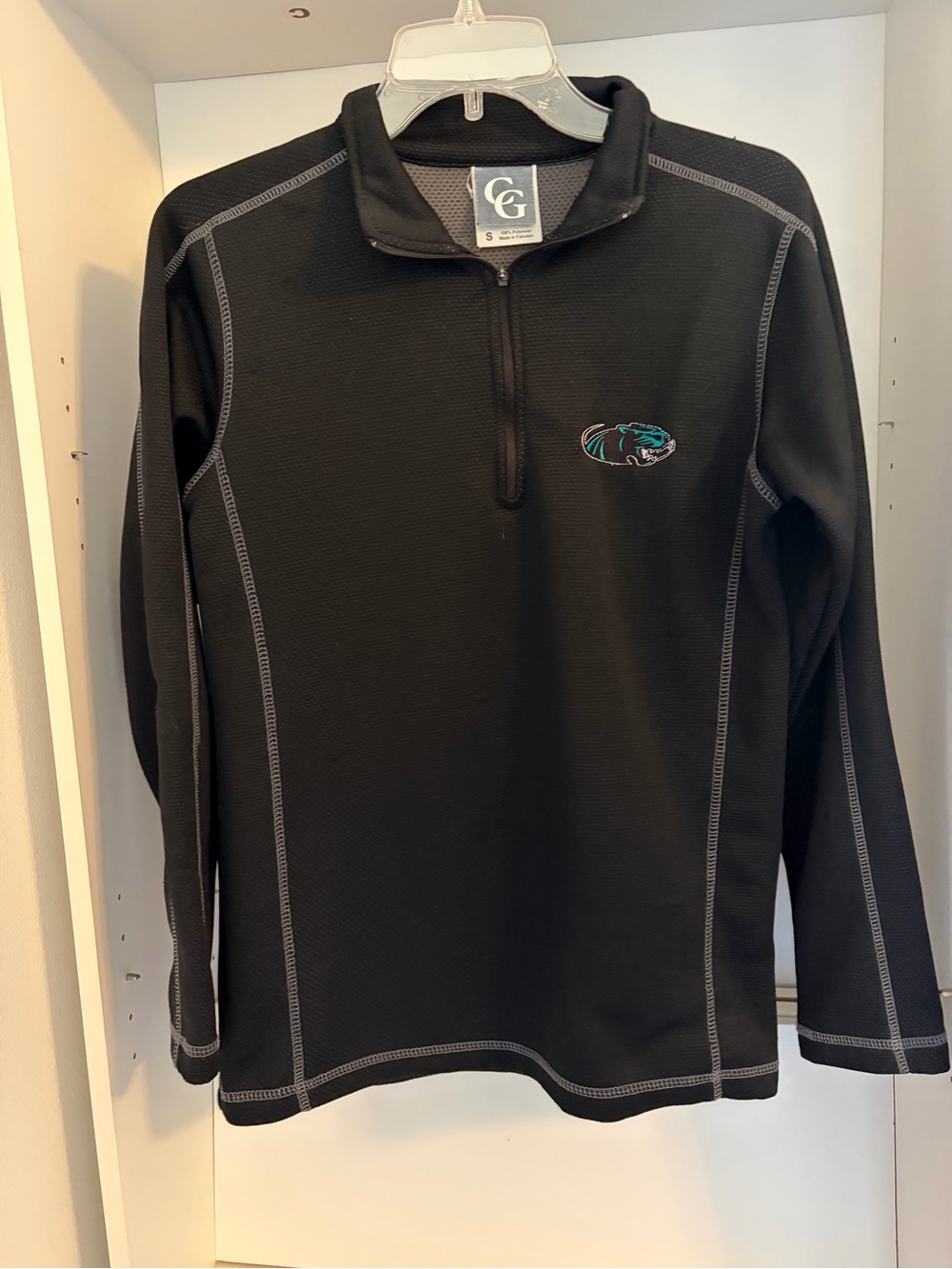 Men’s Black Quarter-Zip Top with Teal Panther logo.
